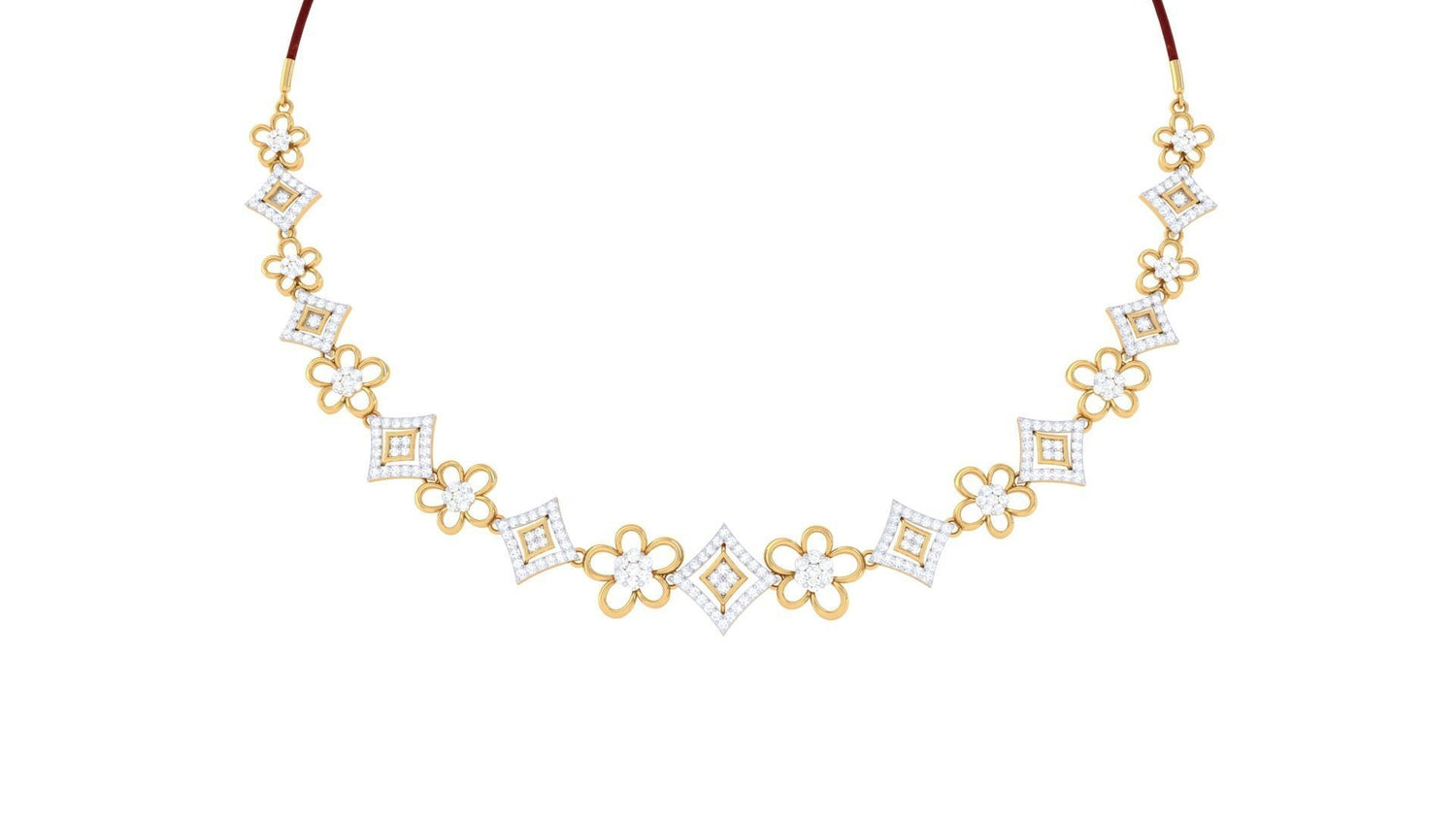 The Kailey Diamond Necklace by Niraa features an intricate design with alternating floral and diamond motifs adorned with sparkling stones. Set against a plain white background, its symmetrical arrangement radiates elegance and sophistication.