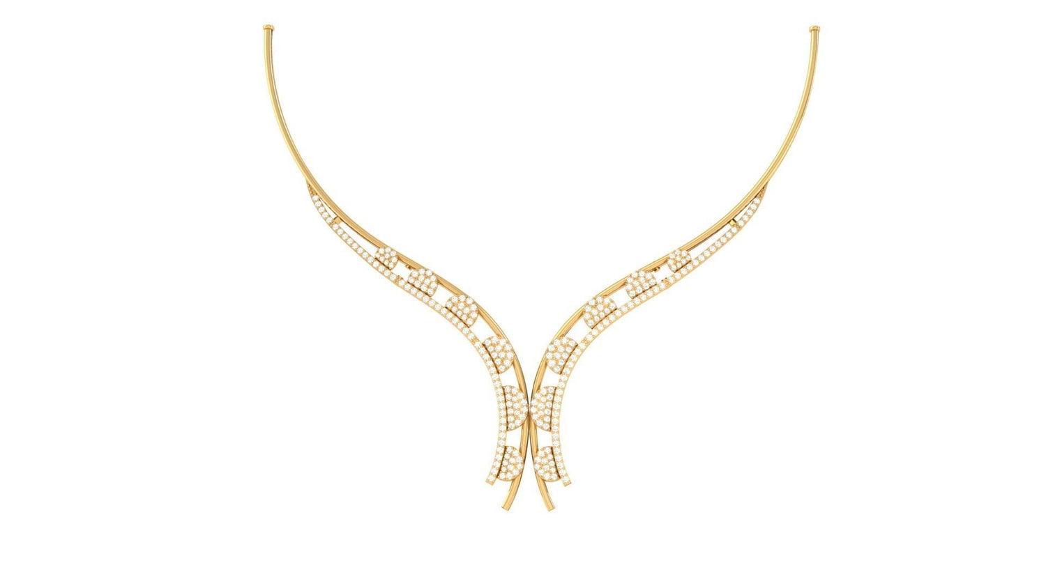 The Tatiana Diamond Necklace by Niraa features an elegant V-shaped gold design with intricate mesh patterns and diamond embellishments, set against a plain white background. This piece is perfect for those who appreciate detailed craftsmanship in their jewelry collection.