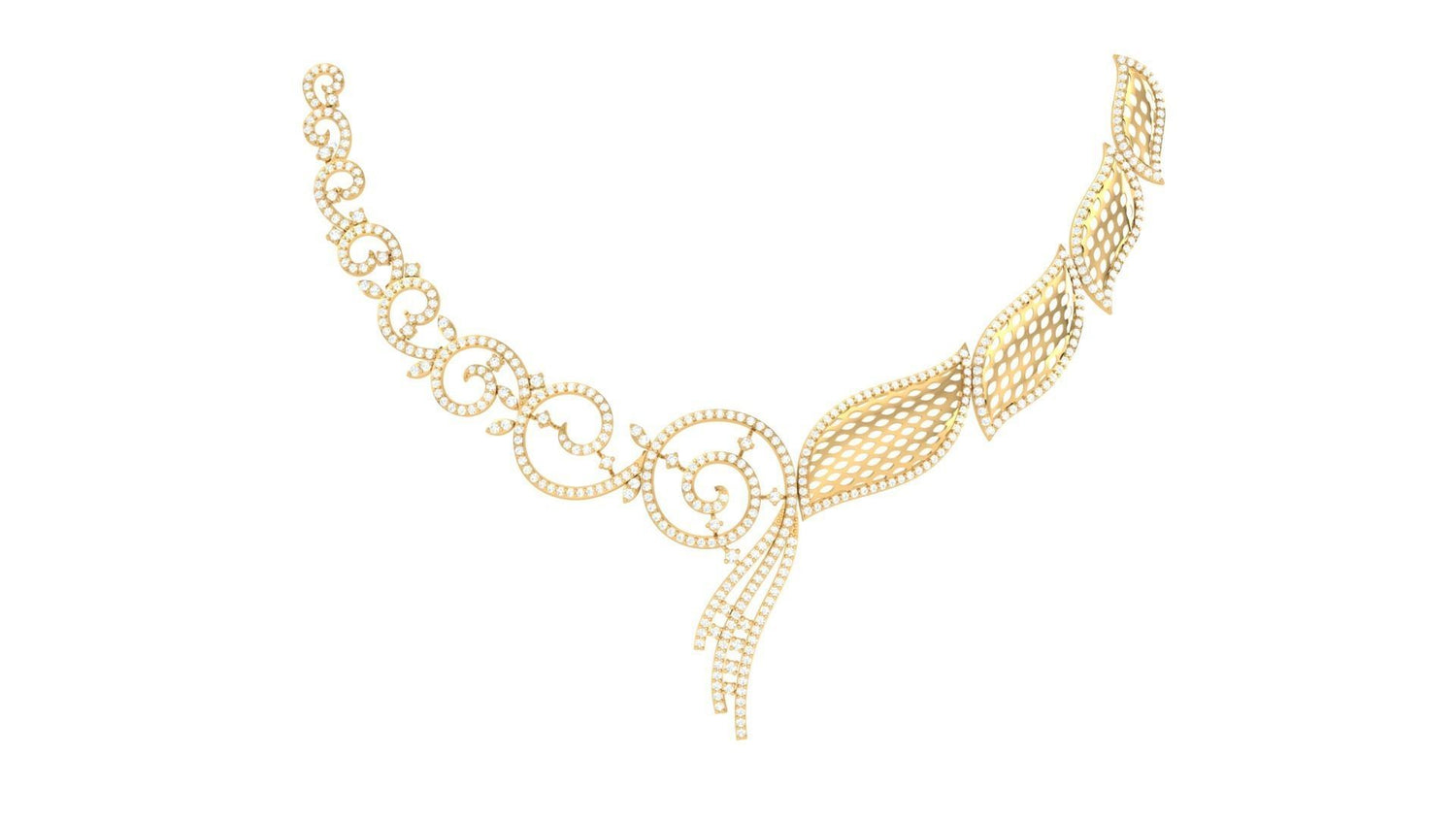 The Mara Diamond Necklace by Niraa features an intricate design: interconnected circular patterns on the left and leaf-like shapes on the right. This elegant piece blends geometric and nature-inspired elements, making it a timeless accessory that captures artistic flair.