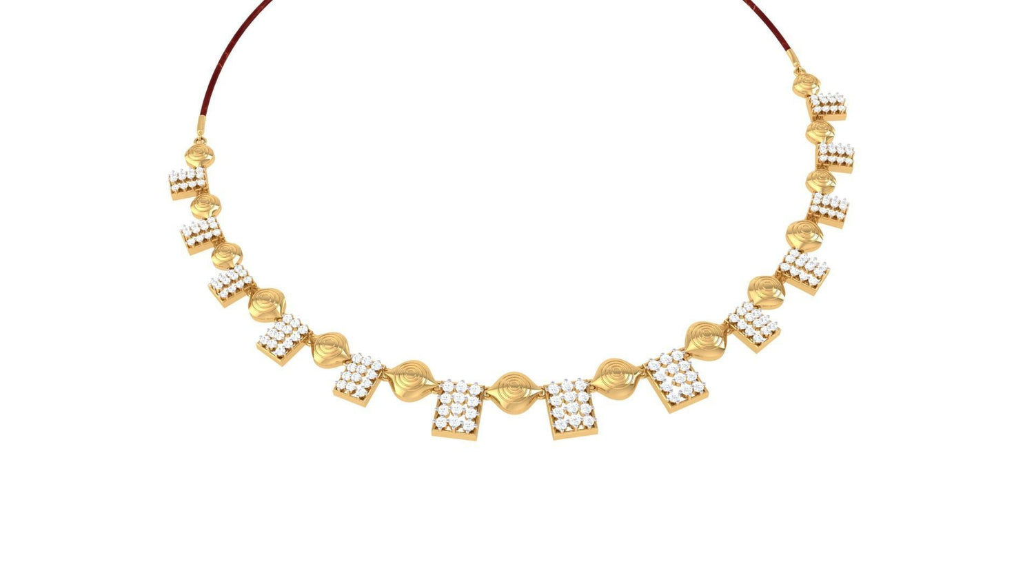 The Nalani Diamond Necklace by Niraa features decorative square pendants adorned with small white stones on a white backdrop. Its simple yet elegant design exudes timeless sophistication and subtle charm.