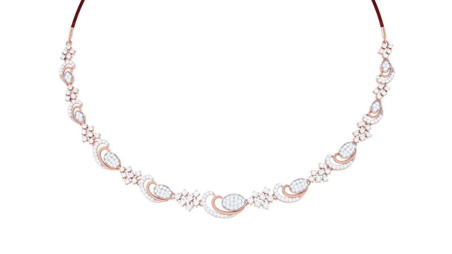 The Lyra Diamond Necklace by Niraa features intricate designs with oval and circular diamond accents, alternating elegantly between ornate loops and clusters of small diamond shapes for a luxurious look.