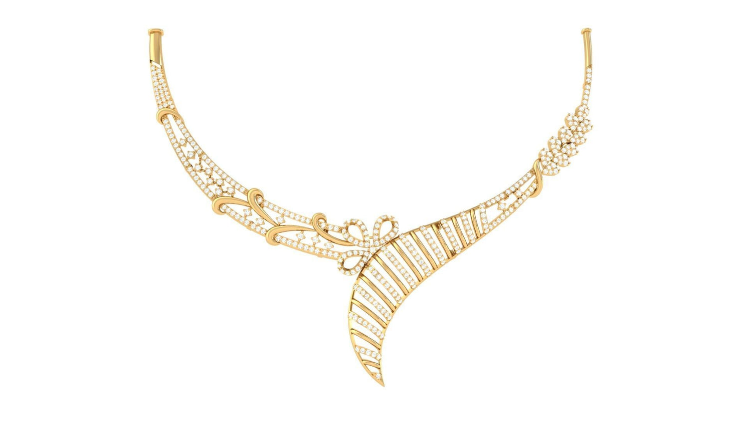 The Anya Diamond Necklace by Niraa features a sweeping, asymmetrical gold design with delicate loops and small white stones, offering an elegant look. Set against a white background, it highlights its intricate details.