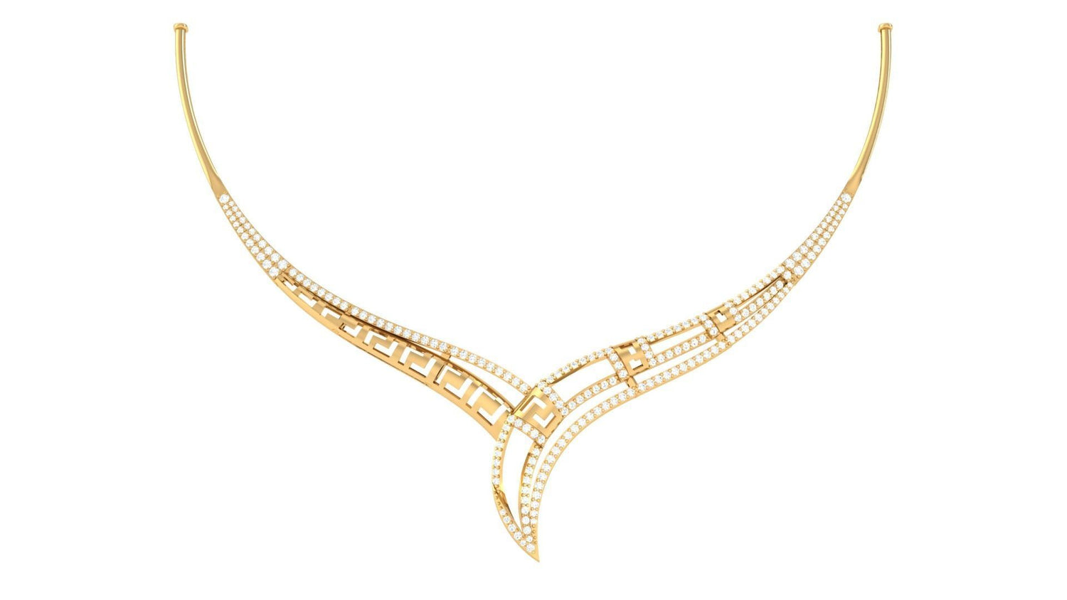 The Kinslee Diamond Necklace by Niraa is a gold V-shaped piece featuring intricate geometric curves and lines, adorned with rows of small, sparkling gems for an elegant and luxurious appearance.