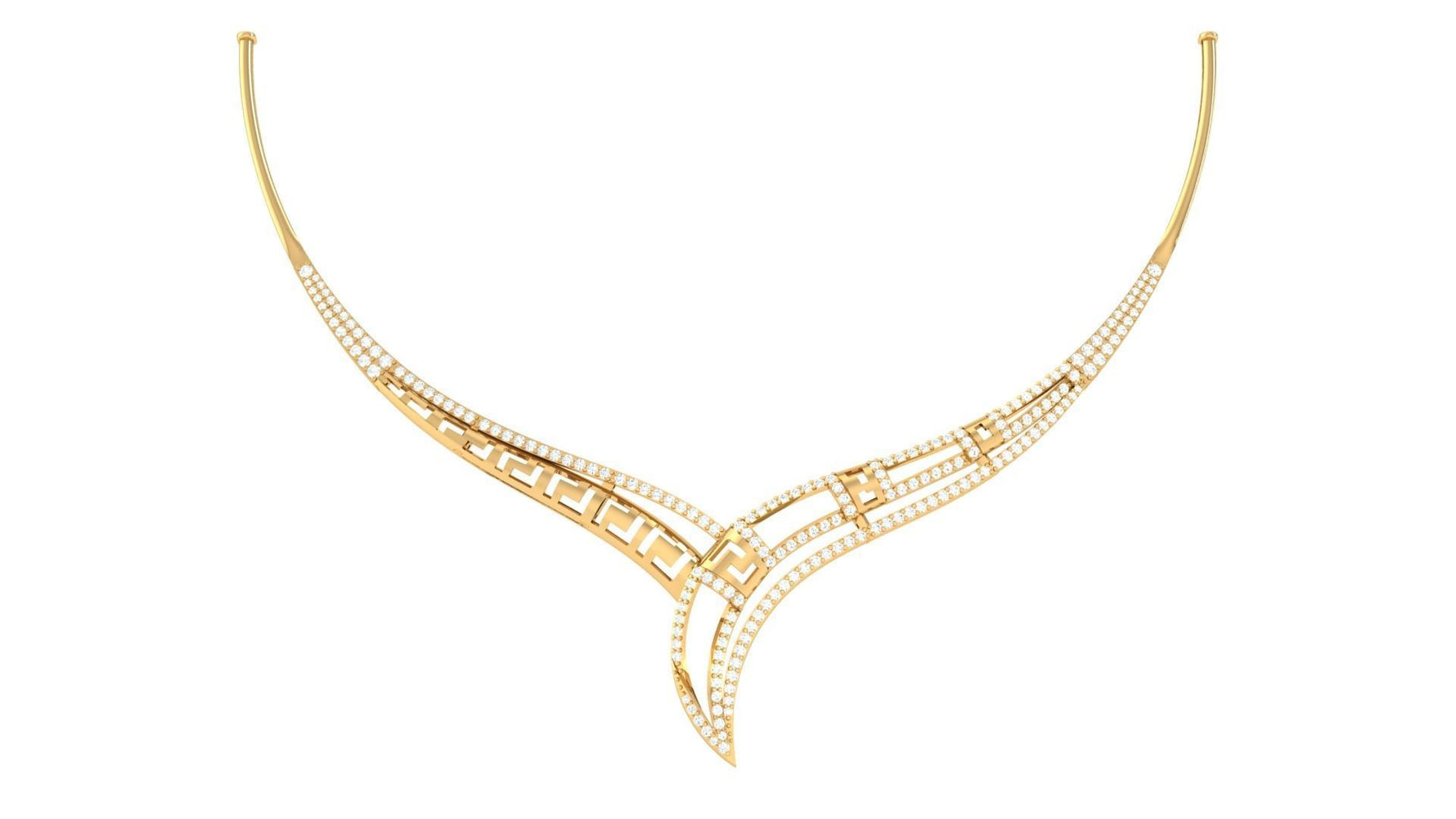 The Kinslee Diamond Necklace by Niraa is a gold V-shaped piece featuring intricate geometric curves and lines, adorned with rows of small, sparkling gems for an elegant and luxurious appearance.