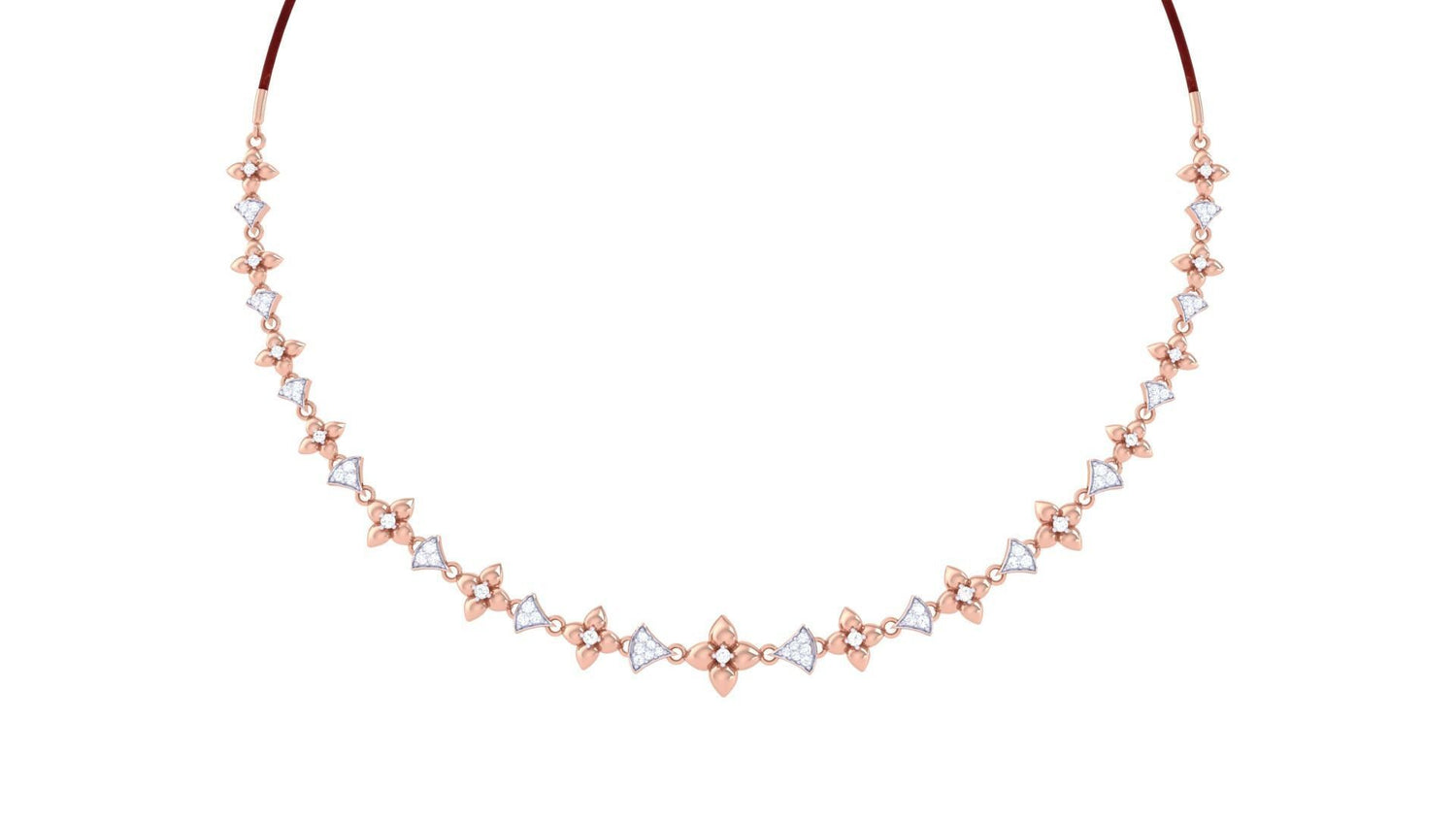 The Galilea Diamond Necklace by Niraa features an elegant symmetrical floral pattern with sparkling white stones, enhanced by delicate details and a shiny finish that radiate style.