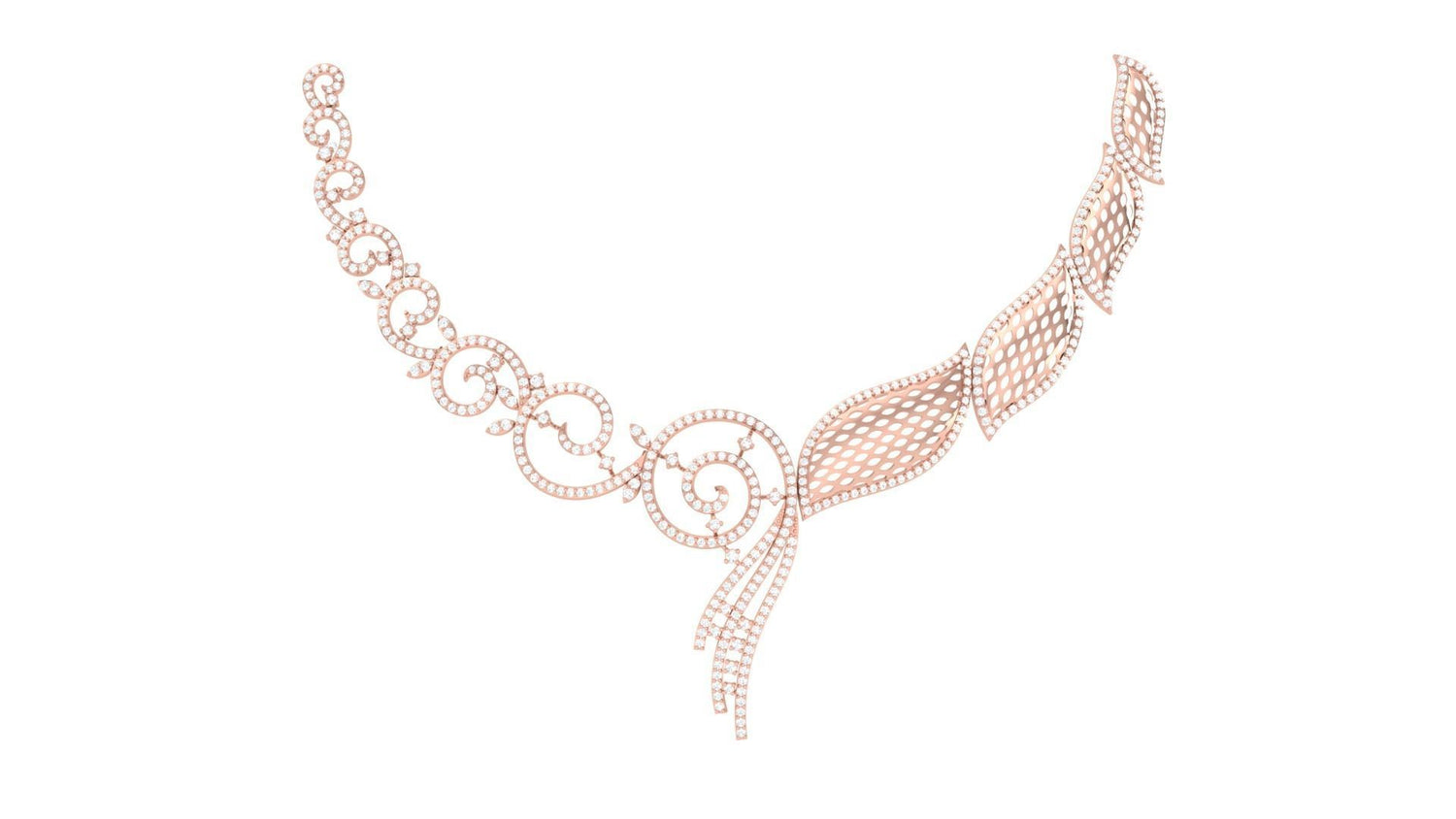 The Mara Diamond Necklace by Niraa features an intricate design: interconnected circular patterns on the left and leaf-like shapes on the right. This elegant piece blends geometric and nature-inspired elements, making it a timeless accessory that captures artistic flair.