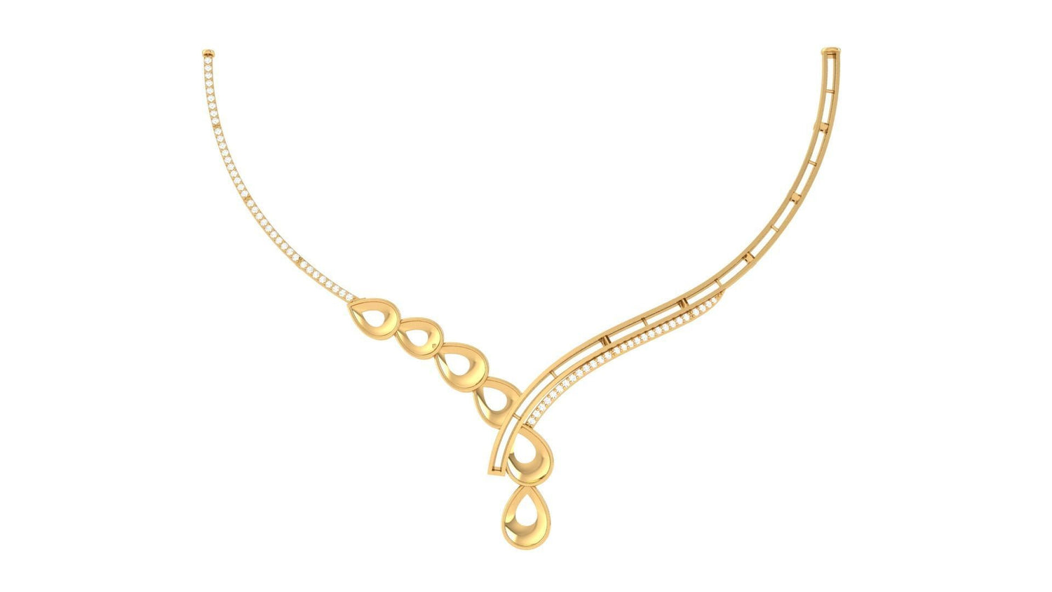 The Briar Diamond Necklace by Niraa features a captivating gold asymmetrical design with five teardrop elements on one side, a sleek curve on the other, and is adorned with small diamonds. Its modern elegance stands out brilliantly against a pristine white background.