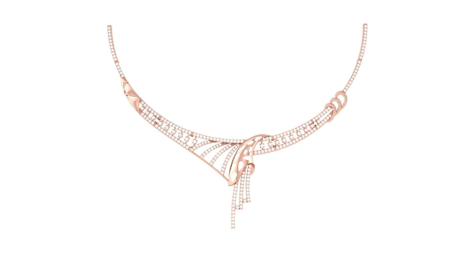 The Mikaela Diamond Necklace by Niraa features an ornate, intricate web-like design in gold, adorned with subtly sparkling gemstones. Its central motif smoothly transitions into a delicate chain for a sophisticated and luxurious look against a classic white backdrop. Embrace timeless elegance.