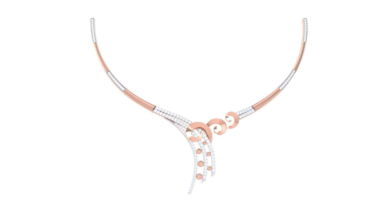The Rayna Diamond Necklace by Niraa features elegant gold and silver swirls with diamond accents. It blends smooth gold curves with diamond-studded silver lines on a white backdrop, captivating the eye.