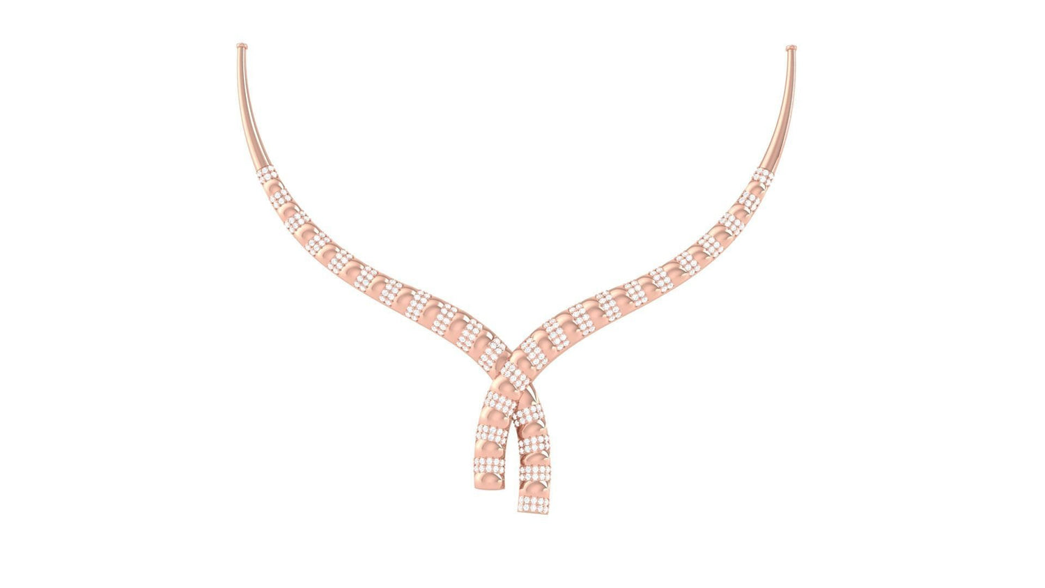 The Livia Diamond Necklace by Niraa features two interwoven strands in a symmetrical design, enhanced with rows of small diamonds, beautifully set against a white background.