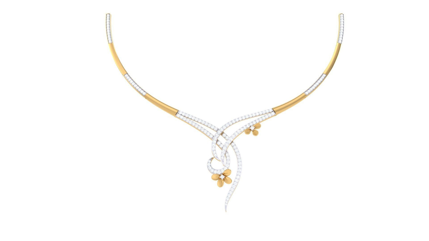 The Meghan Diamond Necklace by Niraa boasts an elegant swirling design with delicate floral accents, gold and silver hues, and sparkling white gemstones. Perfect for a touch of clarity in fashion, it ensures you stand out effortlessly amid the complexities of style.