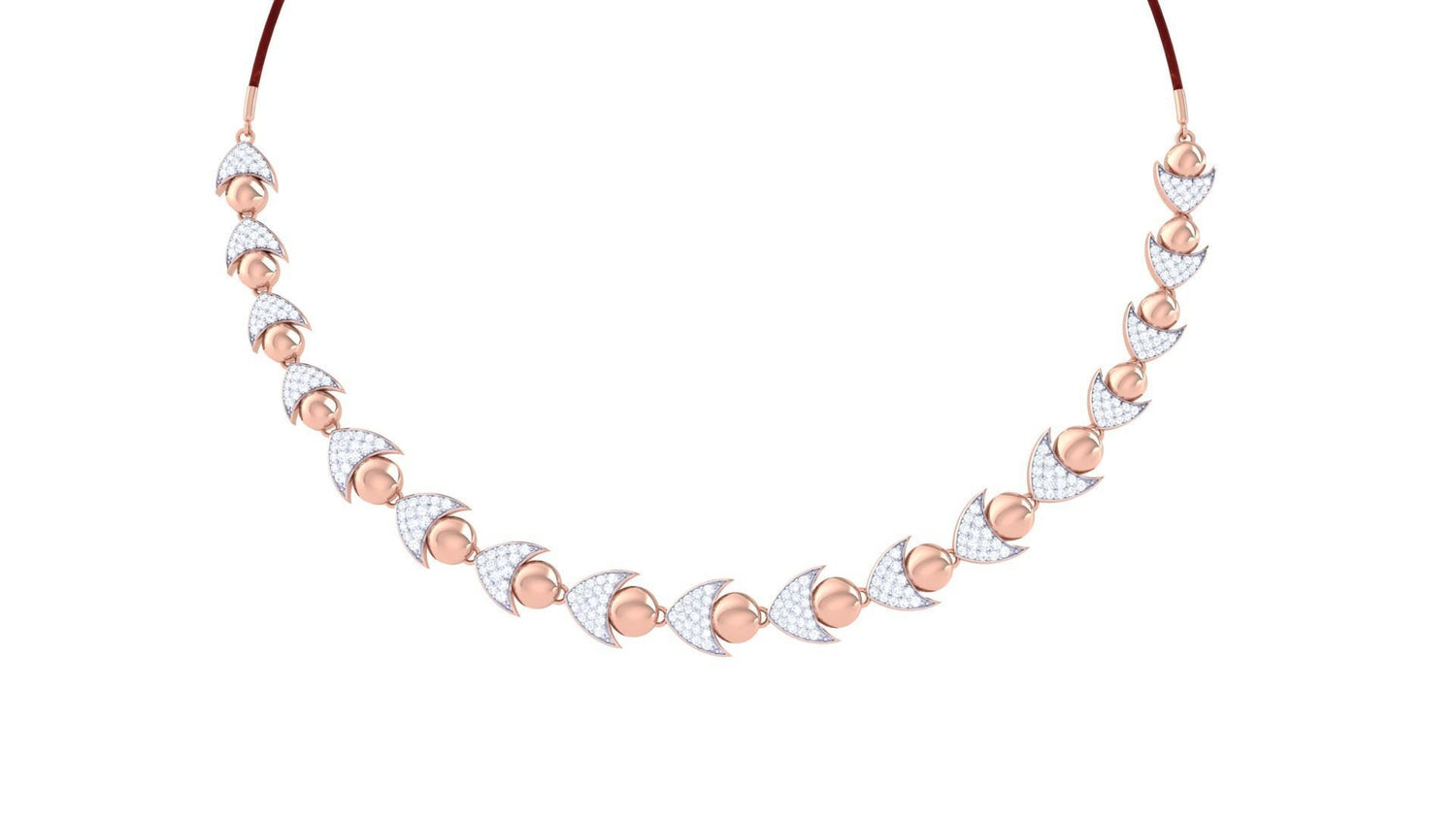 The Armani Diamond Necklace by Niraa features an elegant, symmetrical pattern of alternating gold and diamond-accented crescent moons on a thin chain, embodying sophistication and charm.