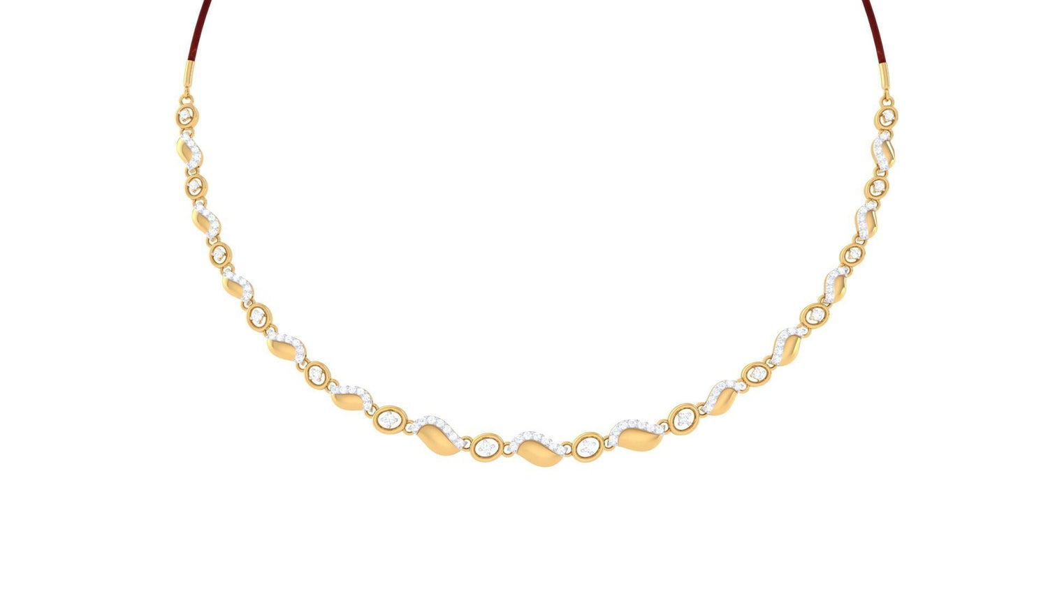 The Niraa Emerie Diamond Necklace elegantly features oval links with diamond-studded details against a white backdrop, its symmetrical design along a thin chain exuding refined sophistication.