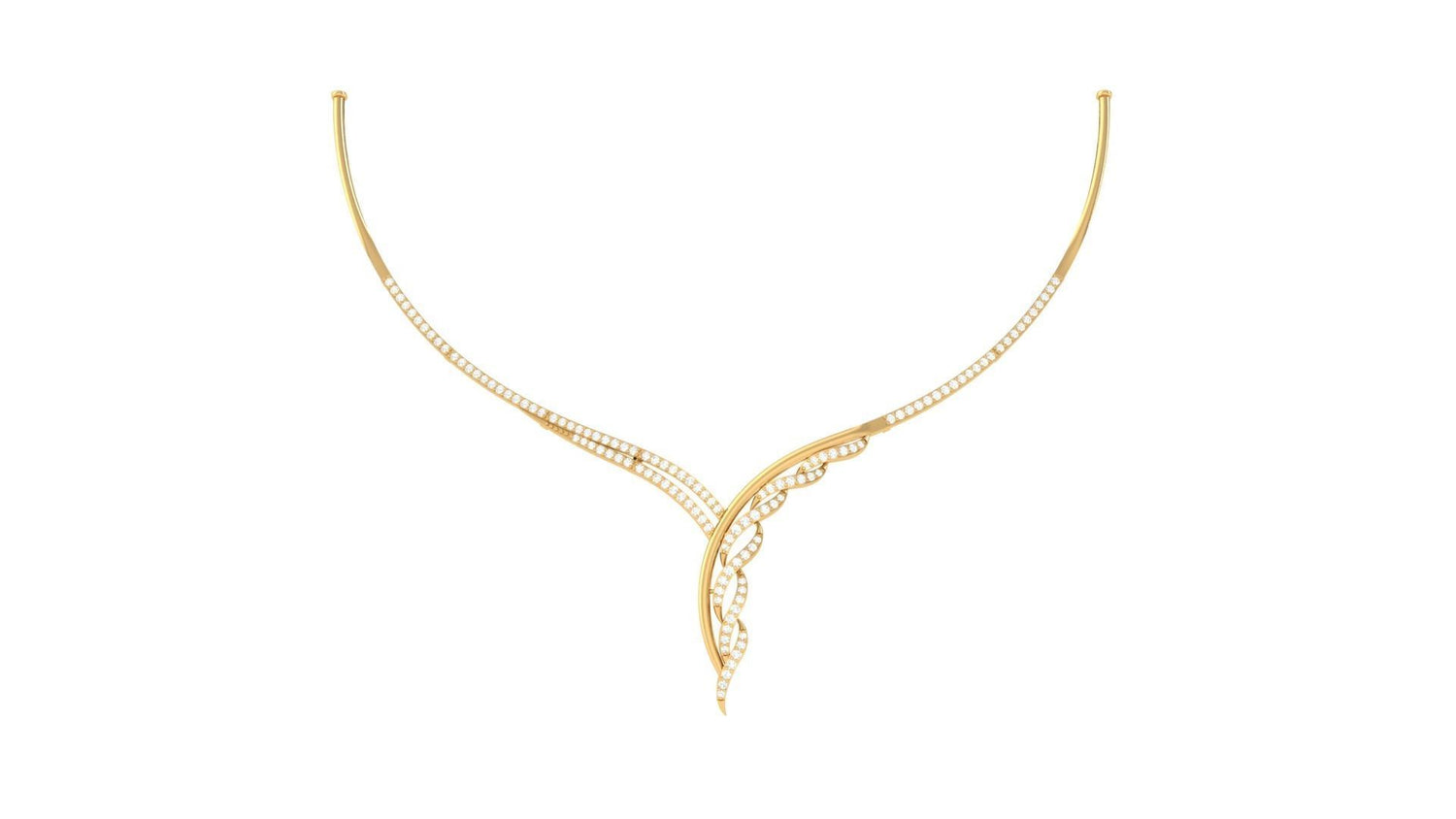 The Kenna Diamond Necklace by Niraa is a sleek gold piece with an asymmetric, ribbon-like design featuring delicate curves and small, sparkling diamonds. Exuding elegance and sophistication, its the perfect statement to elevate any ensemble and keep you in the spotlight.