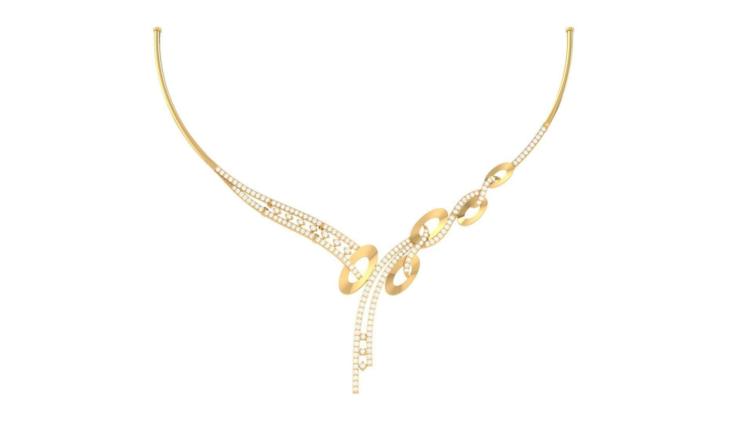 The Frida Diamond Necklace by Niraa features a delicate gold asymmetrical design with interlinked loops on one side and textured loops on the other, offering a stylish, elegant look.