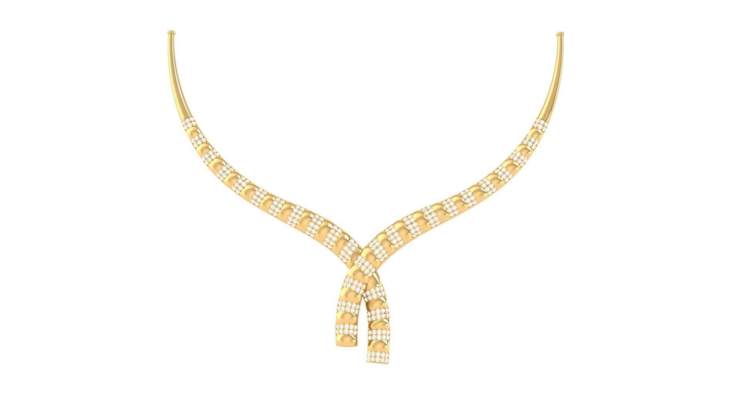 The Livia Diamond Necklace by Niraa features two interwoven strands in a symmetrical design, enhanced with rows of small diamonds, beautifully set against a white background.