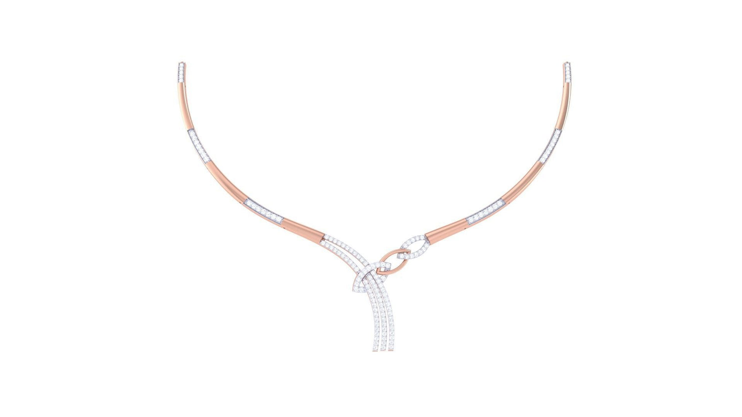 The Bonnie Diamond Necklace by Niraa is a delicate gold and silver piece with a unique looped design, adorned with small sparkling gems. Featuring sleek metallic textures and elegant curves, this exquisite accessory complements any occasion.
