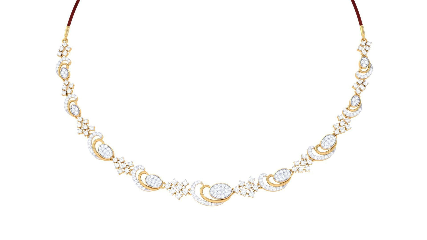 The Lyra Diamond Necklace by Niraa features intricate designs with oval and circular diamond accents, alternating elegantly between ornate loops and clusters of small diamond shapes for a luxurious look.