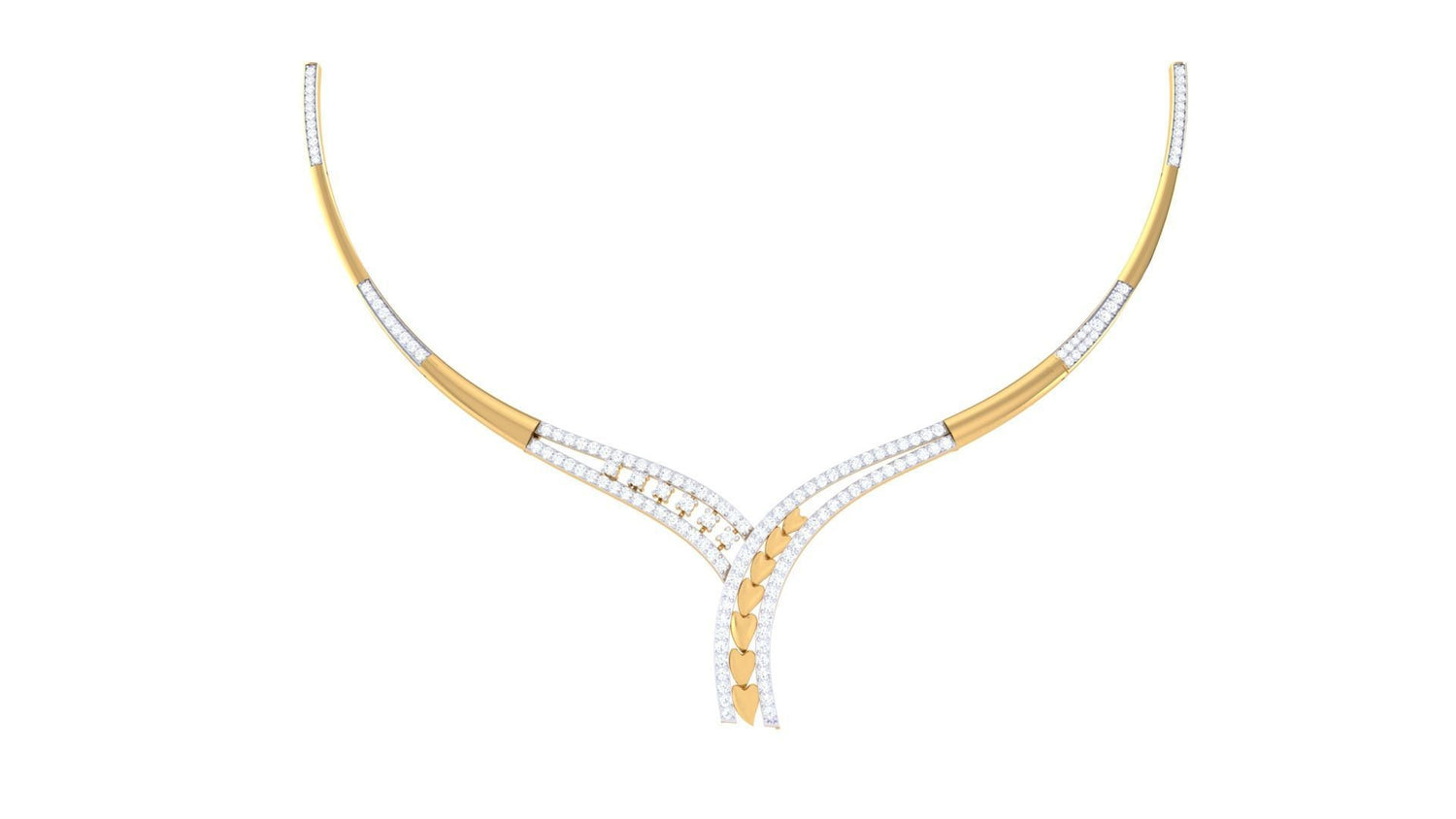 The Yareli Diamond Necklace by Niraa features a symmetrical V-shaped design with alternating gold and silver sections, adorned with small diamonds that converge exquisitely at the center, showcasing refined elegance.