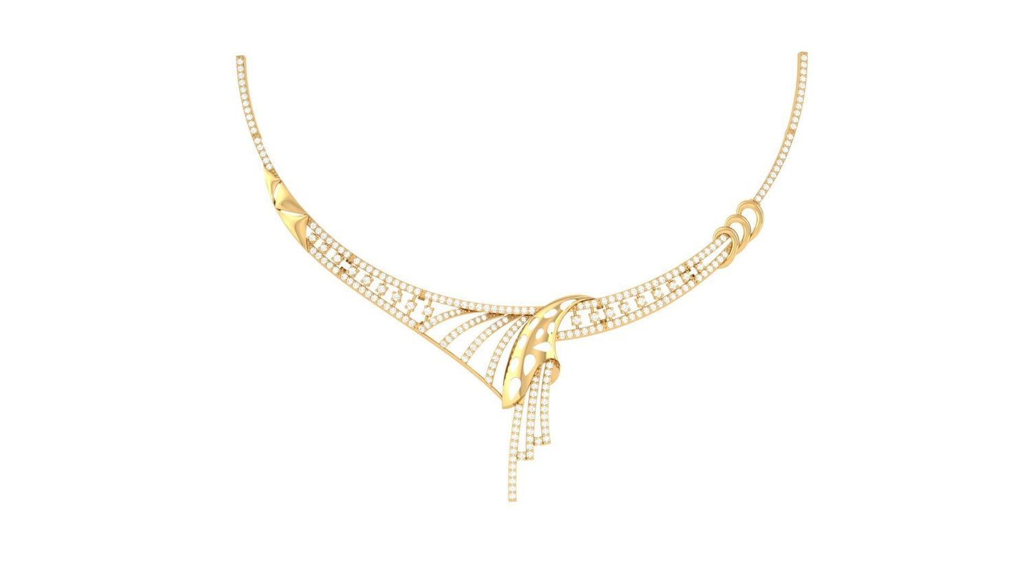 The Mikaela Diamond Necklace by Niraa features an ornate, intricate web-like design in gold, adorned with subtly sparkling gemstones. Its central motif smoothly transitions into a delicate chain for a sophisticated and luxurious look against a classic white backdrop. Embrace timeless elegance.
