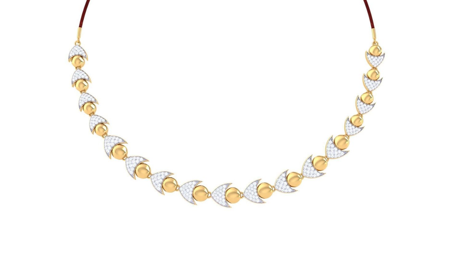 The Armani Diamond Necklace by Niraa features an elegant, symmetrical pattern of alternating gold and diamond-accented crescent moons on a thin chain, embodying sophistication and charm.