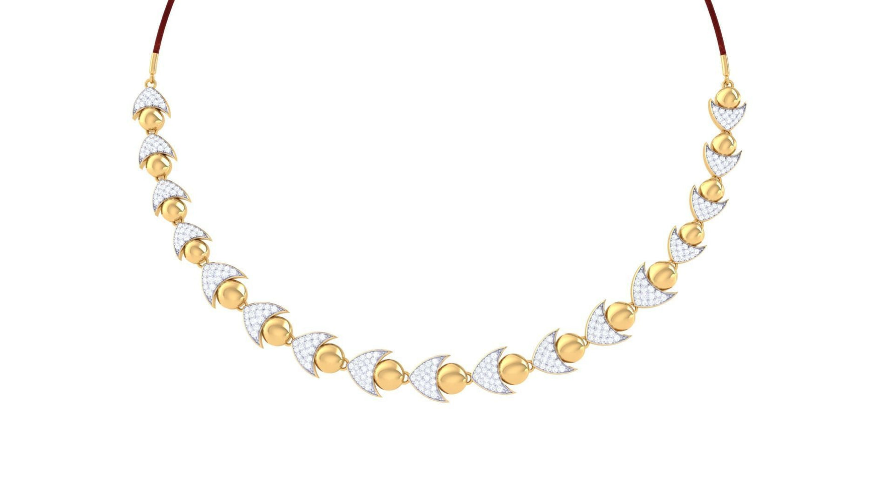 The Armani Diamond Necklace by Niraa features an elegant, symmetrical pattern of alternating gold and diamond-accented crescent moons on a thin chain, embodying sophistication and charm.