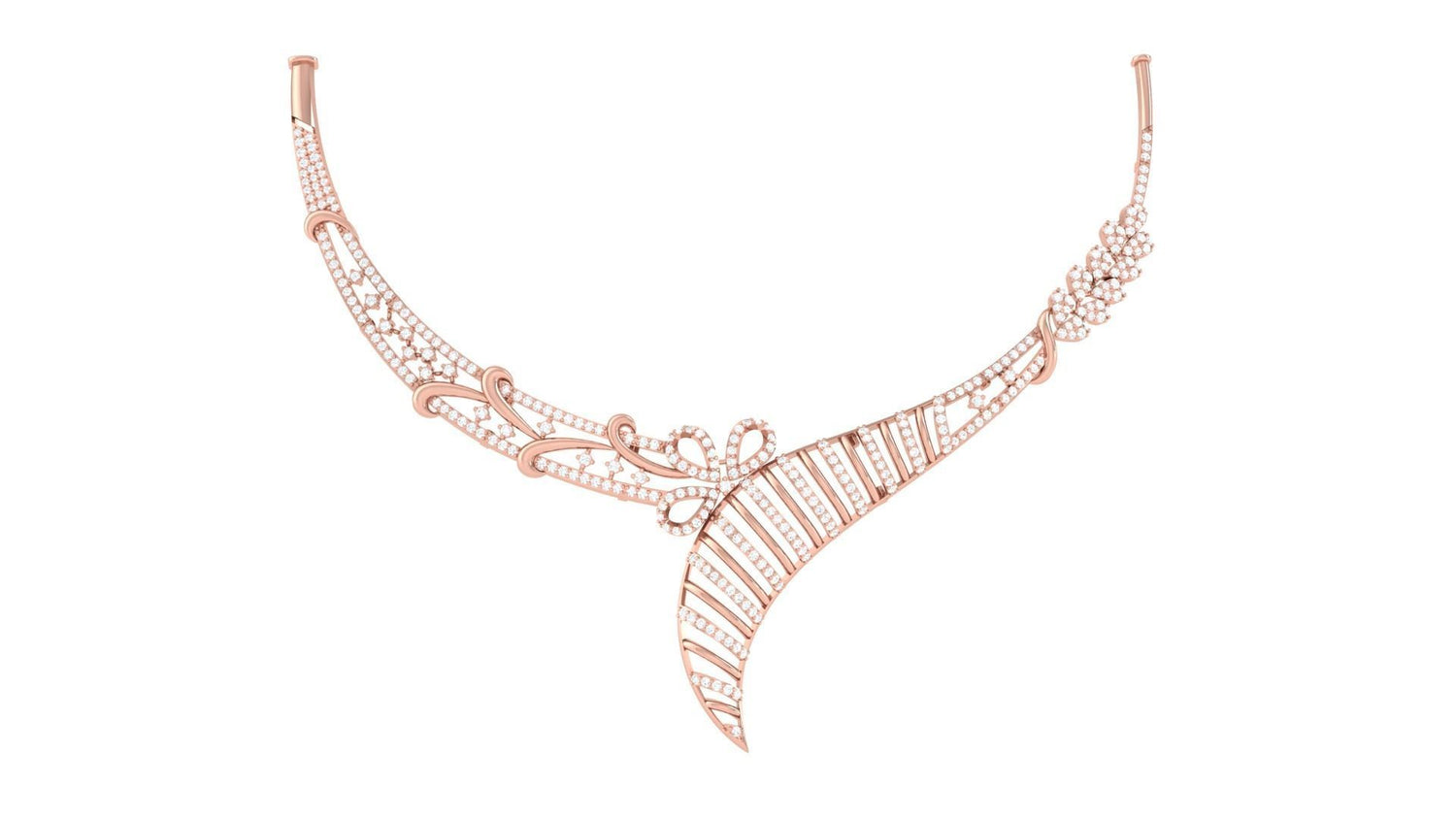 The Anya Diamond Necklace by Niraa features a sweeping, asymmetrical gold design with delicate loops and small white stones, offering an elegant look. Set against a white background, it highlights its intricate details.