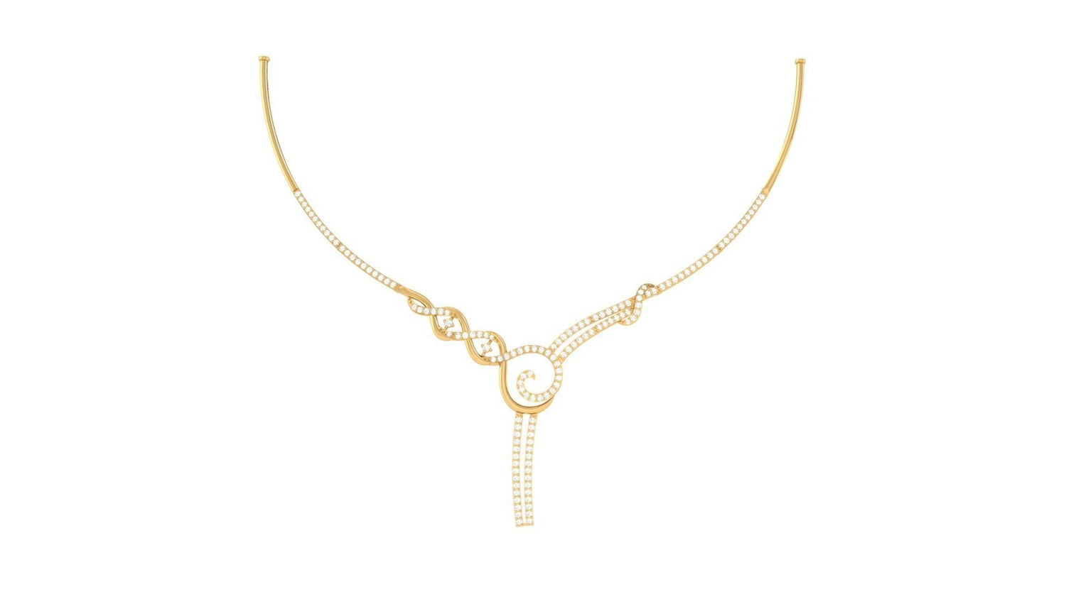The Elyse Diamond Necklace by Niraa is a sophisticated piece with a symmetrical design featuring intertwined loops and strands topped with small diamonds. Its central knot and dual slender gold chains offer elegance, ideal for those seeking SEO keywords in fine jewelry.