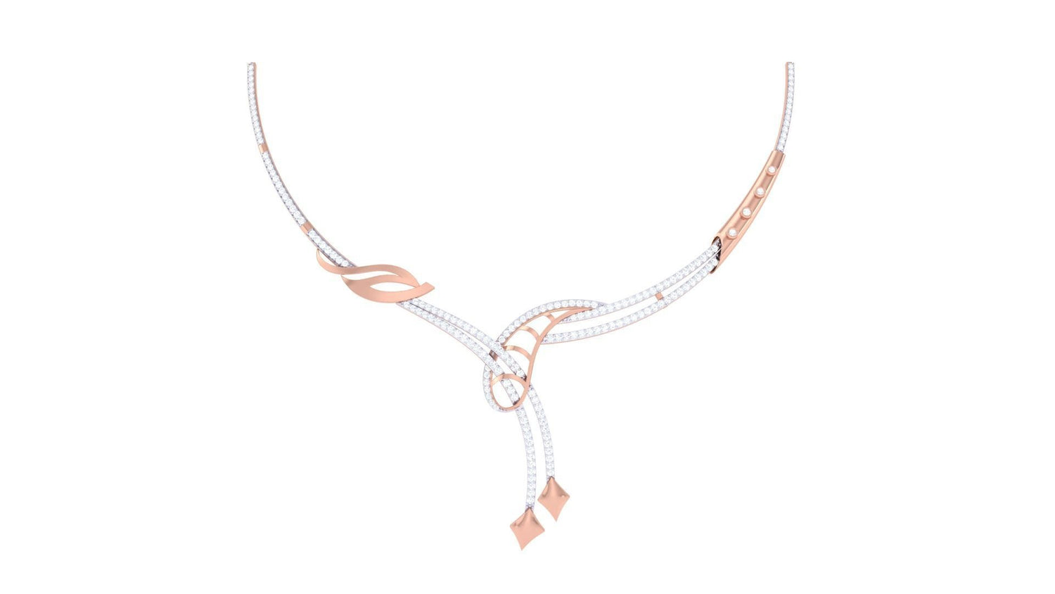 The Rebekah Diamond Necklace by Niraa elegantly combines gold and silver in an asymmetrical design featuring loops and elongated diamond shapes. Two distinct pendants create a captivating focal point, making it ideal for any occasion with its timeless sophistication.