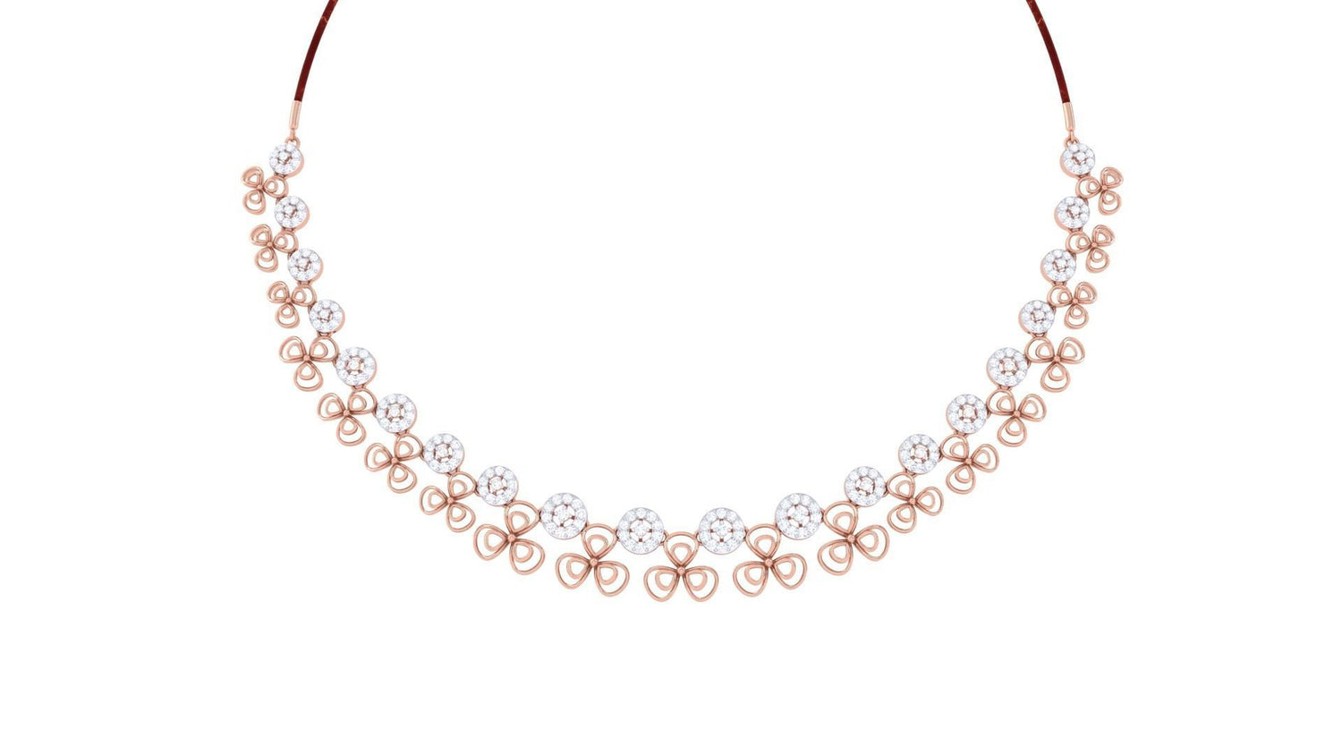 The Niraa Palmer Diamond Necklace features luminous gemstones elegantly set along its gold chain, with exquisite heart-shaped designs between the stones on a pristine white background.