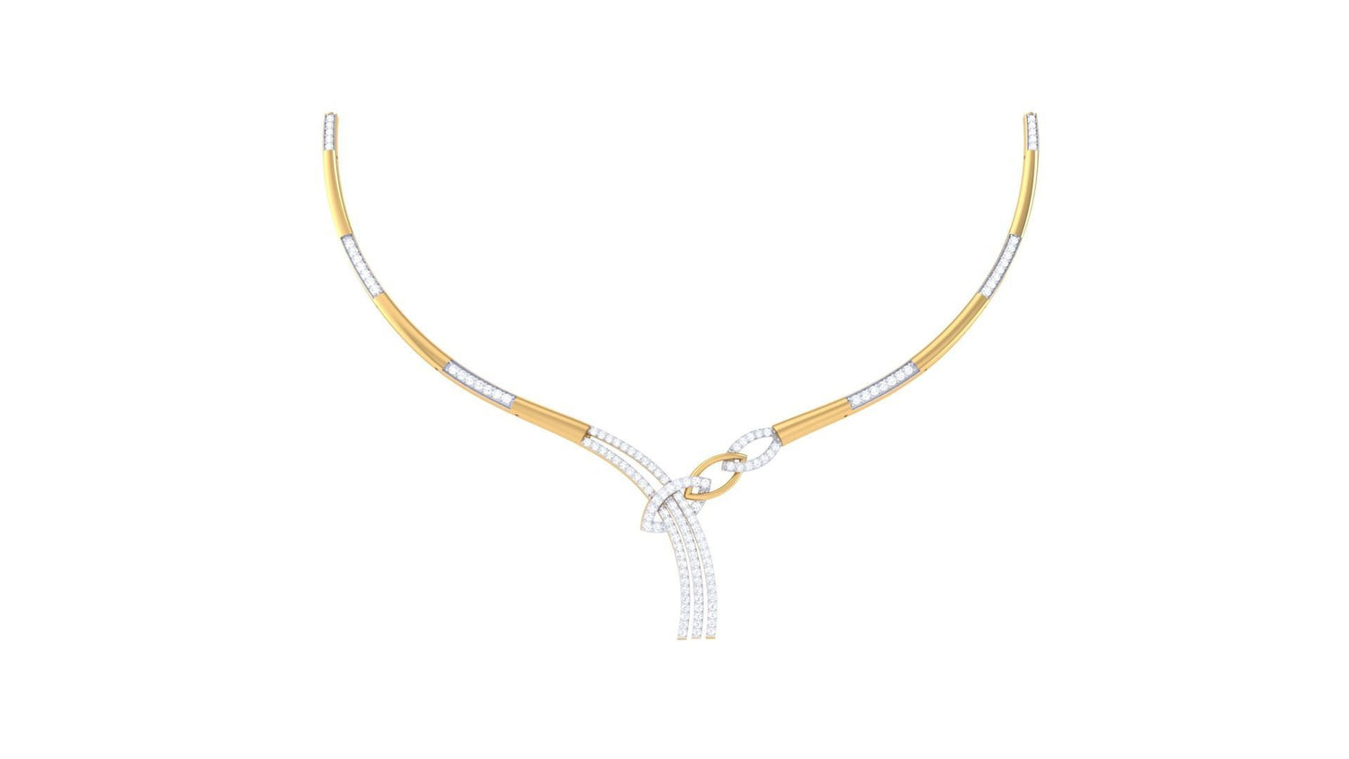The Bonnie Diamond Necklace by Niraa is a delicate gold and silver piece with a unique looped design, adorned with small sparkling gems. Featuring sleek metallic textures and elegant curves, this exquisite accessory complements any occasion.