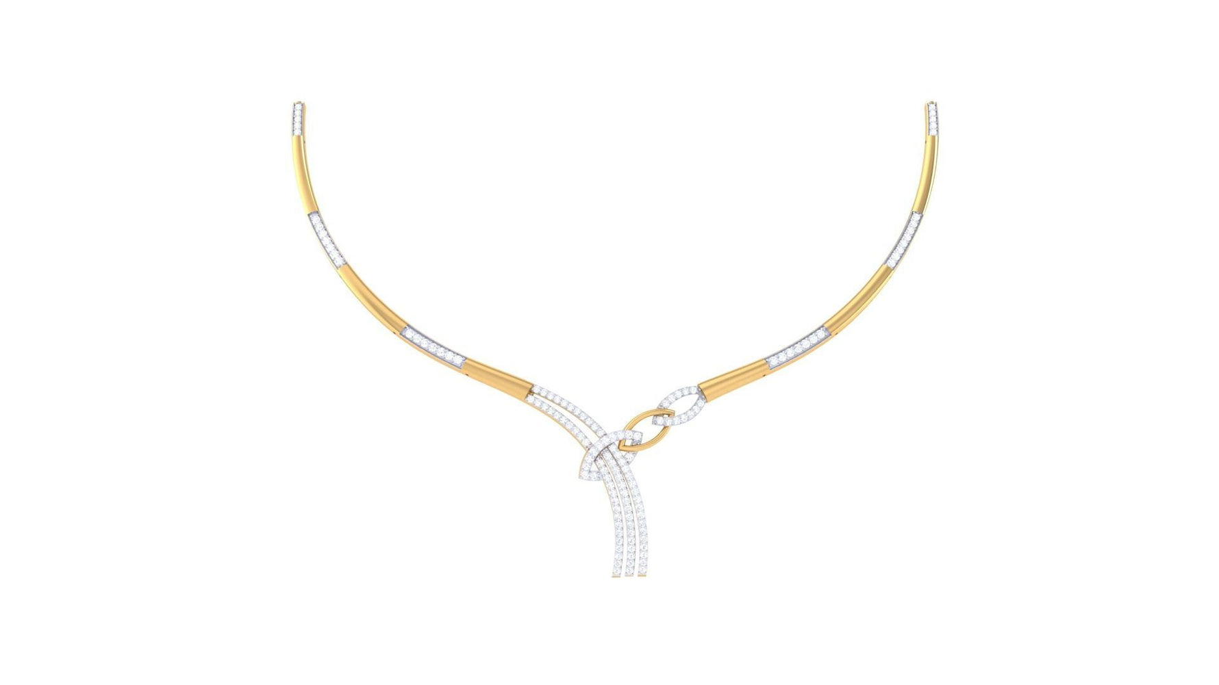 The Bonnie Diamond Necklace by Niraa is a delicate gold and silver piece with a unique looped design, adorned with small sparkling gems. Featuring sleek metallic textures and elegant curves, this exquisite accessory complements any occasion.