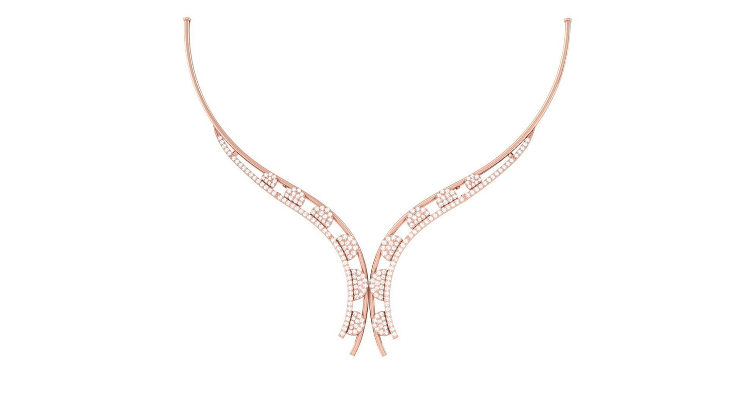 The Tatiana Diamond Necklace by Niraa features an elegant V-shaped gold design with intricate mesh patterns and diamond embellishments, set against a plain white background. This piece is perfect for those who appreciate detailed craftsmanship in their jewelry collection.