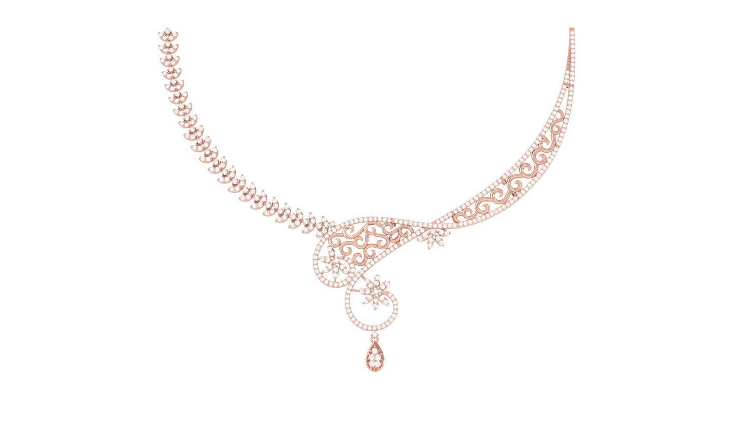 The Liv Diamond Necklace by Niraa showcases a flowing, asymmetrical design with an elegantly set teardrop pendant against a white background, exuding timeless elegance.