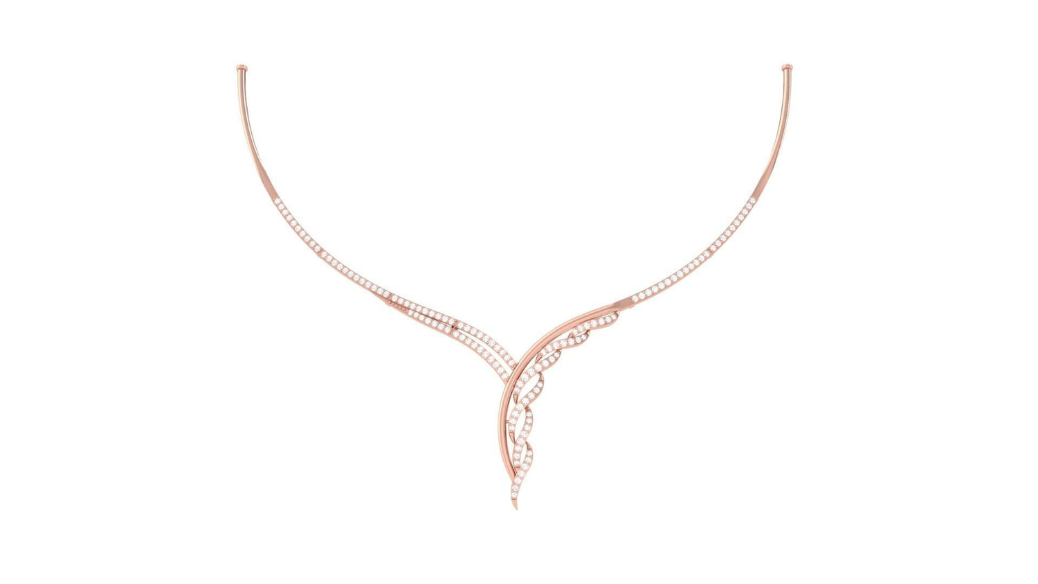 The Kenna Diamond Necklace by Niraa is a sleek gold piece with an asymmetric, ribbon-like design featuring delicate curves and small, sparkling diamonds. Exuding elegance and sophistication, its the perfect statement to elevate any ensemble and keep you in the spotlight.