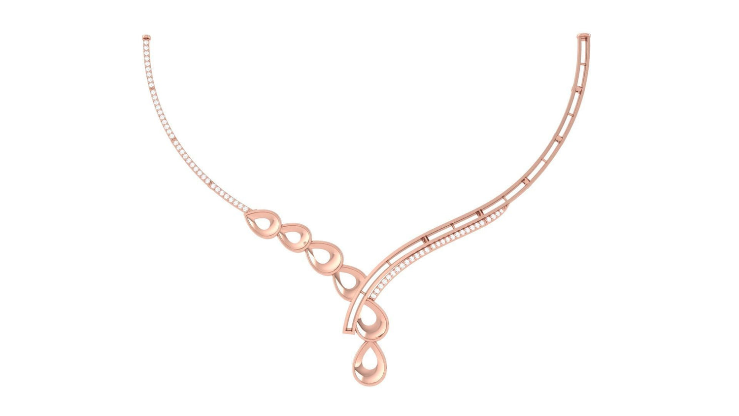 The Briar Diamond Necklace by Niraa features a captivating gold asymmetrical design with five teardrop elements on one side, a sleek curve on the other, and is adorned with small diamonds. Its modern elegance stands out brilliantly against a pristine white background.