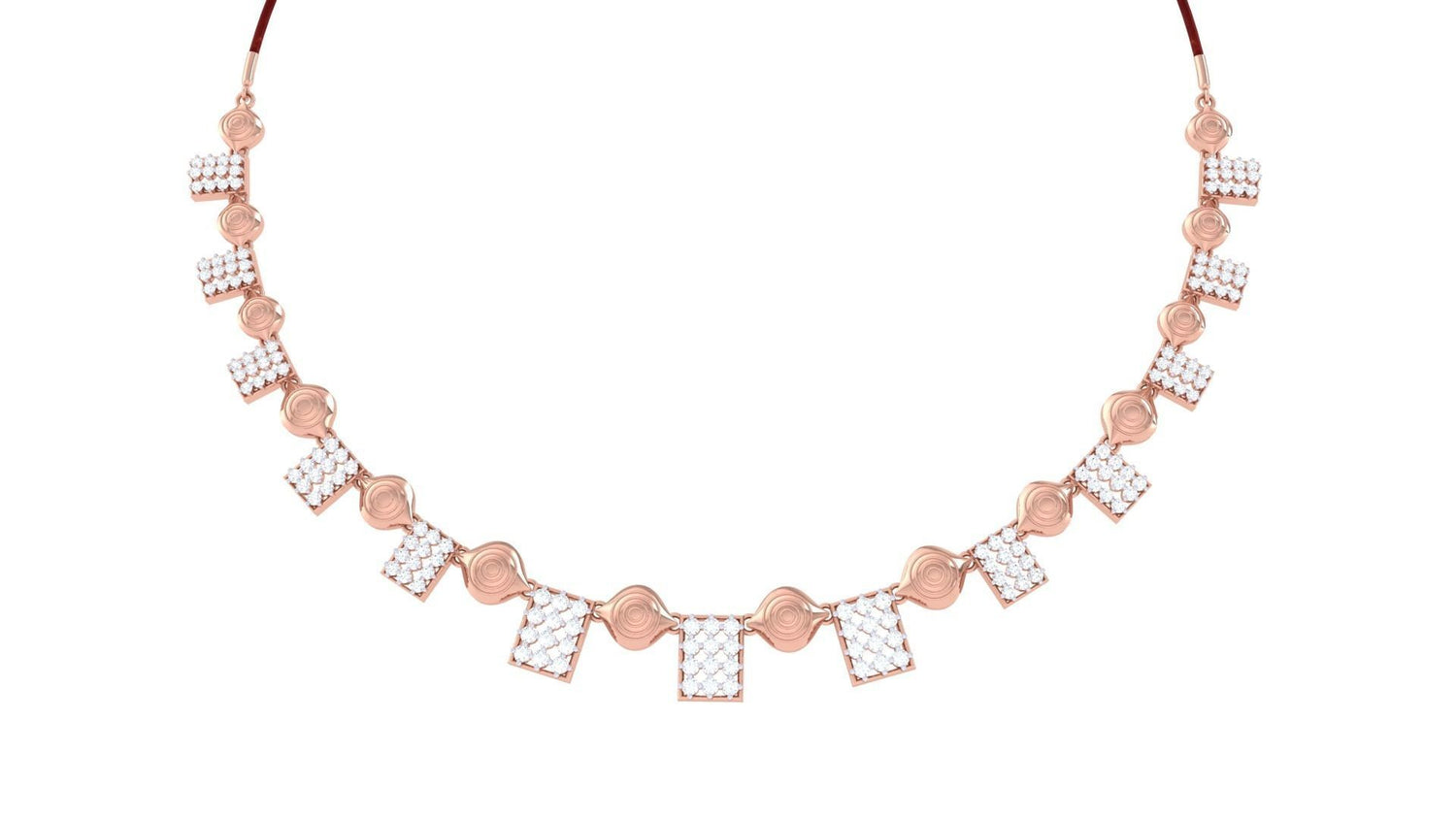 The Nalani Diamond Necklace by Niraa features decorative square pendants adorned with small white stones on a white backdrop. Its simple yet elegant design exudes timeless sophistication and subtle charm.