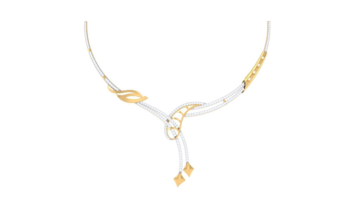 The Rebekah Diamond Necklace by Niraa elegantly combines gold and silver in an asymmetrical design featuring loops and elongated diamond shapes. Two distinct pendants create a captivating focal point, making it ideal for any occasion with its timeless sophistication.