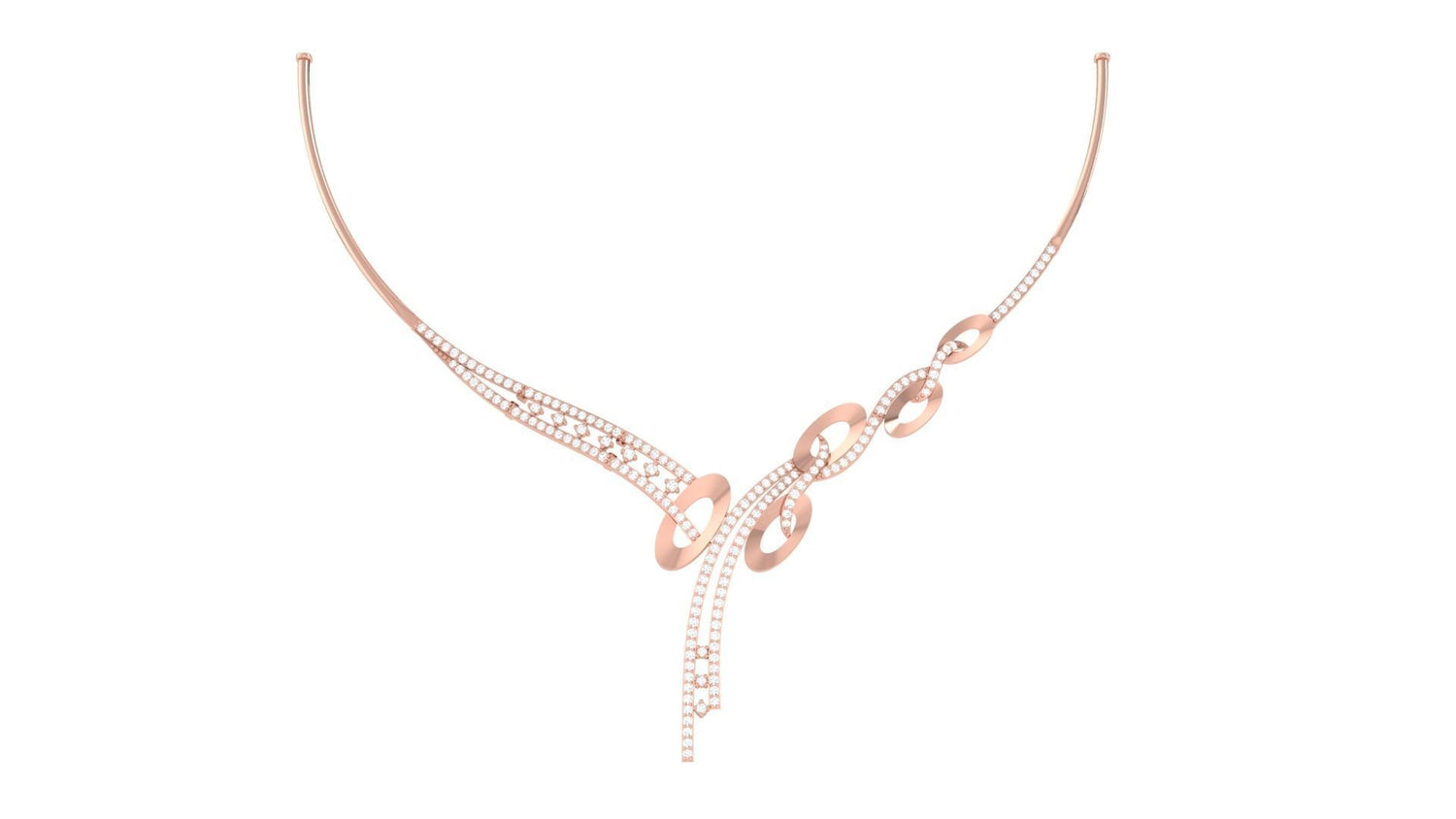 The Frida Diamond Necklace by Niraa features a delicate gold asymmetrical design with interlinked loops on one side and textured loops on the other, offering a stylish, elegant look.