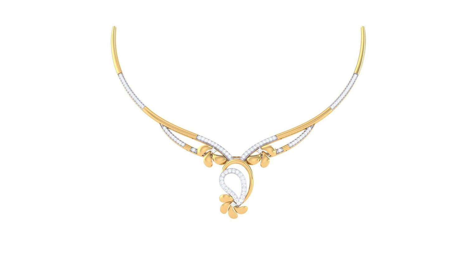 The Tiffany Diamond Necklace by Niraa is a gold and silver piece with a detailed curved design, intricate loops, and three small gold floral accents at the center, combining smooth gold and textured silver for an elegant, ornate look.
