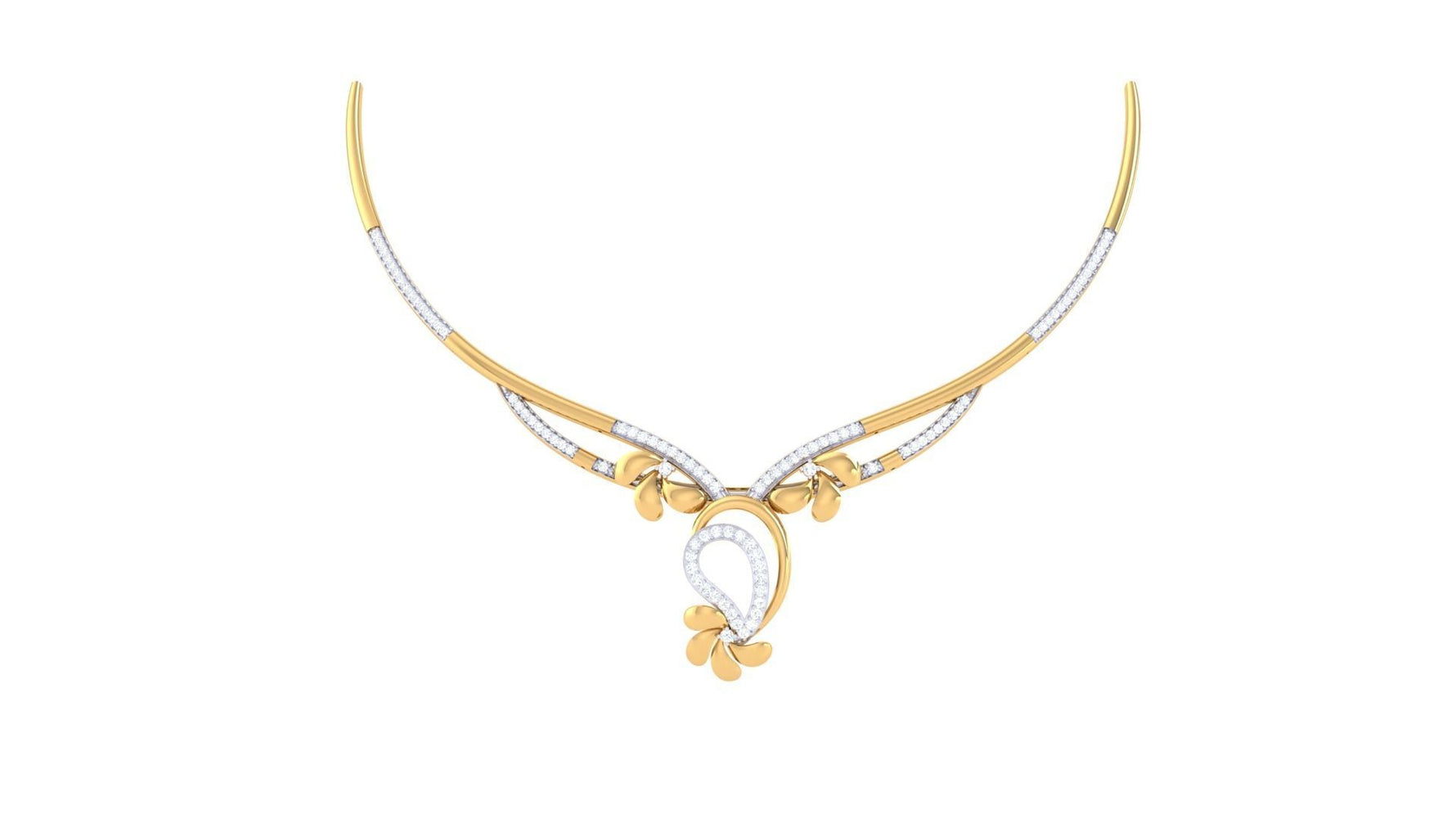 The Tiffany Diamond Necklace by Niraa is a gold and silver piece with a detailed curved design, intricate loops, and three small gold floral accents at the center, combining smooth gold and textured silver for an elegant, ornate look.