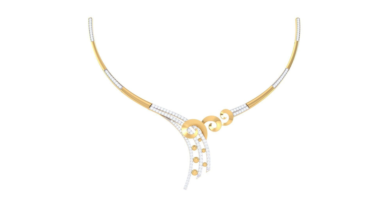The Rayna Diamond Necklace by Niraa features elegant gold and silver swirls with diamond accents. It blends smooth gold curves with diamond-studded silver lines on a white backdrop, captivating the eye.