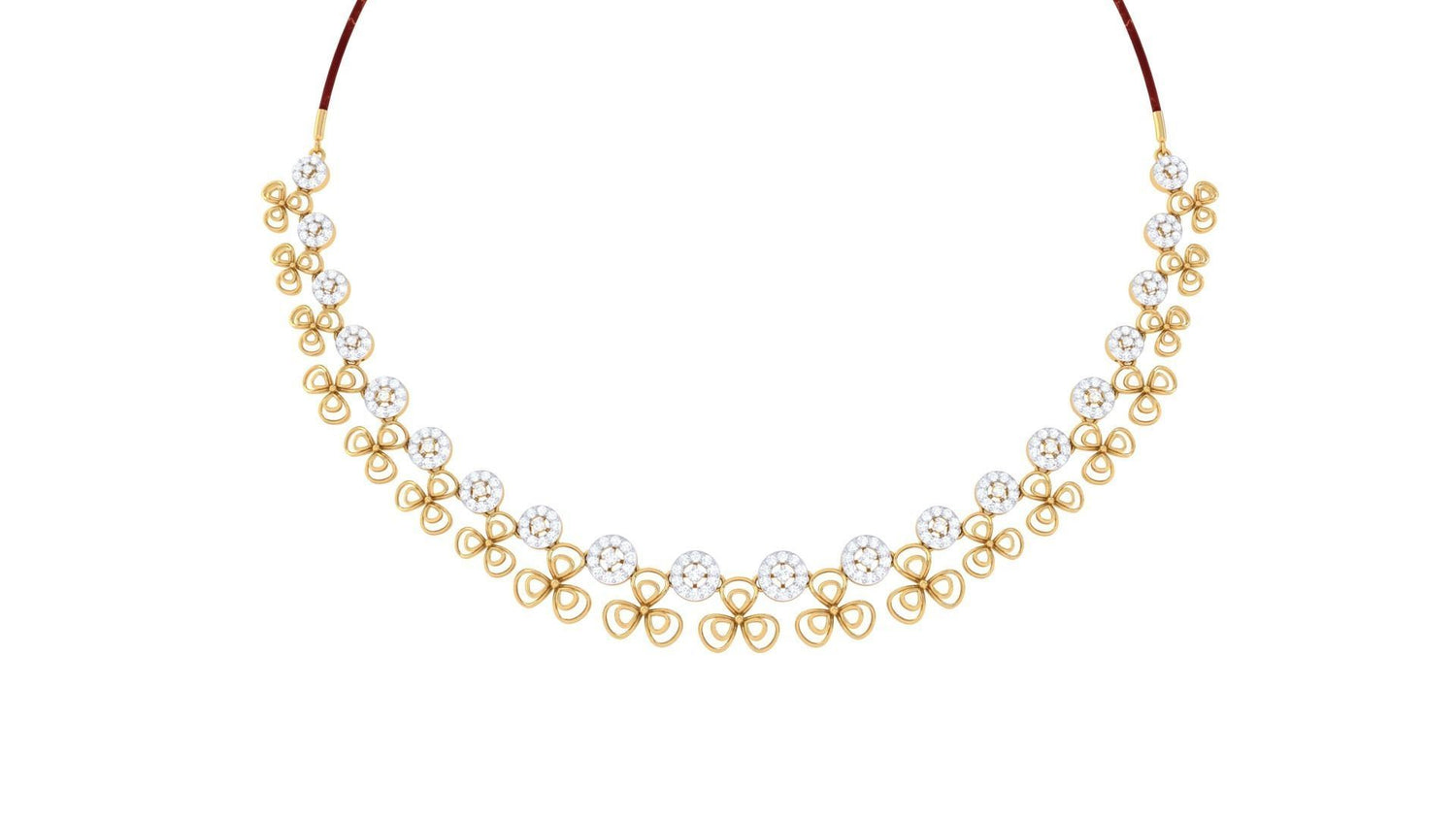 The Niraa Palmer Diamond Necklace features luminous gemstones elegantly set along its gold chain, with exquisite heart-shaped designs between the stones on a pristine white background.