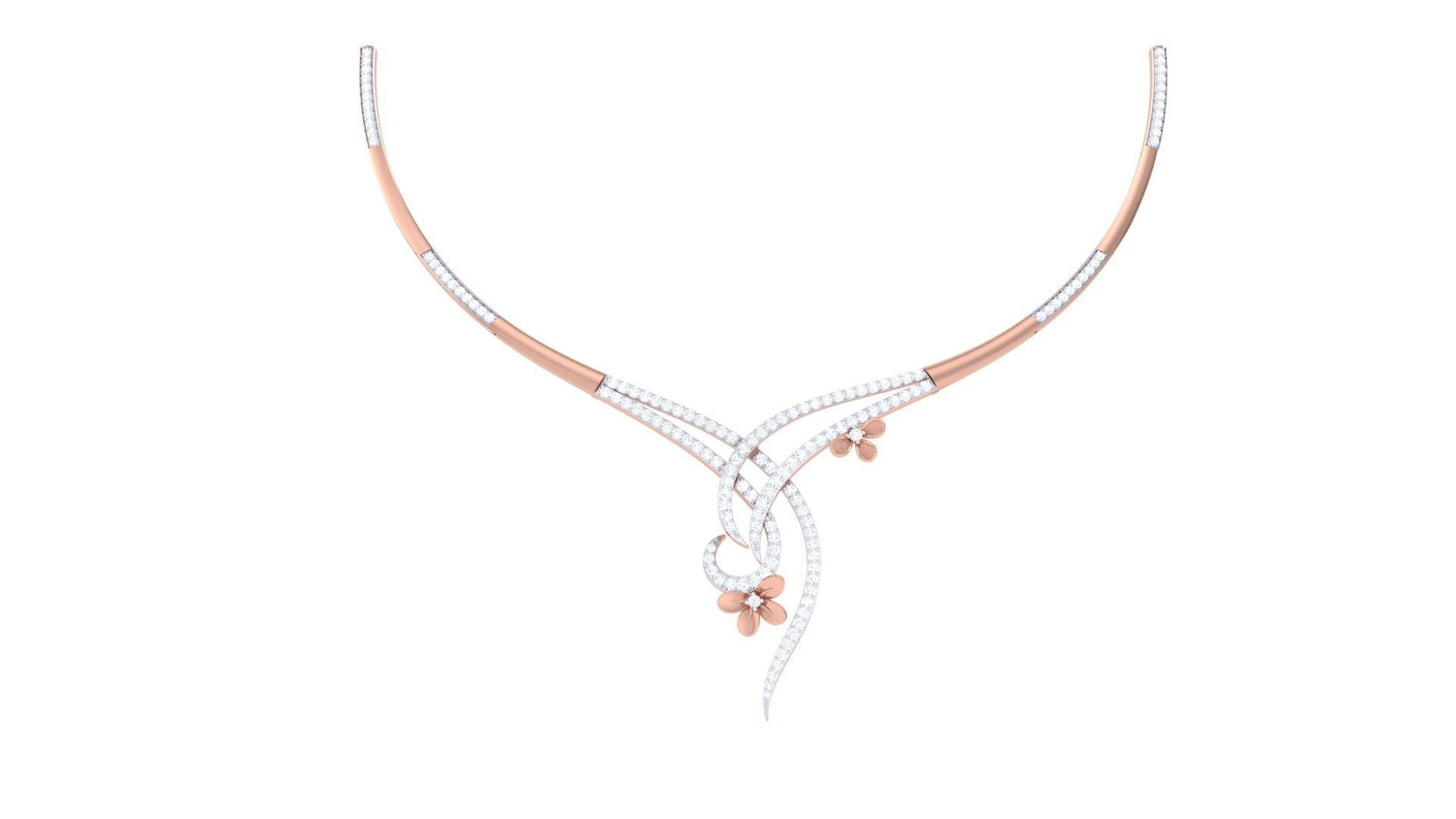The Meghan Diamond Necklace by Niraa boasts an elegant swirling design with delicate floral accents, gold and silver hues, and sparkling white gemstones. Perfect for a touch of clarity in fashion, it ensures you stand out effortlessly amid the complexities of style.