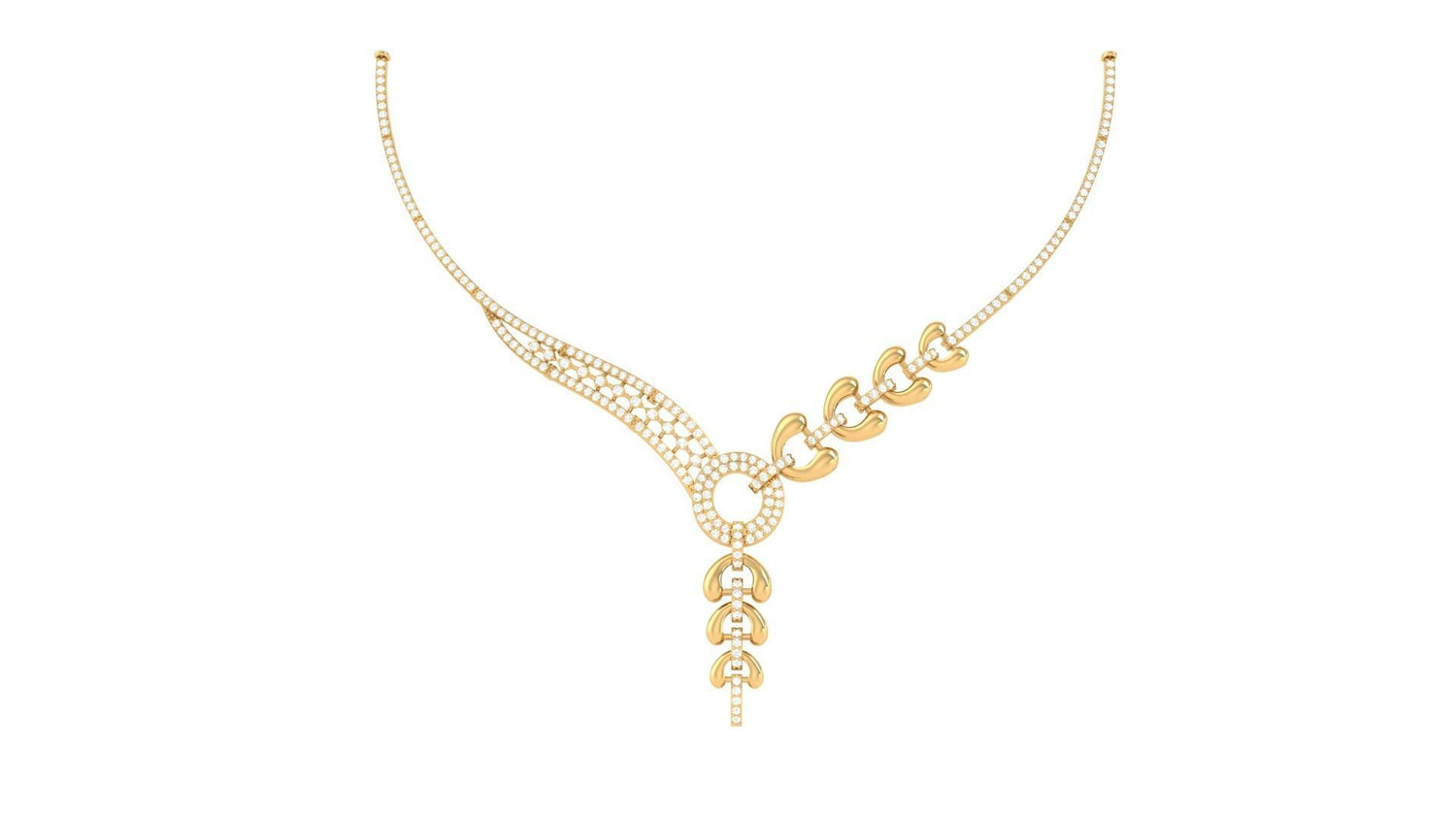 The Cynthia Diamond Necklace by Niraa features an asymmetric design: one side adorned with small diamonds and the other with interlocking links, ending in a pendant with three dangling elements.