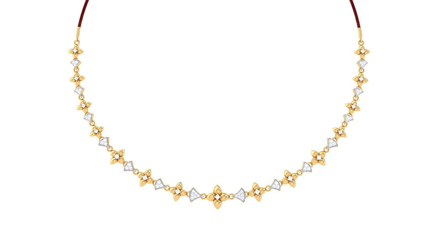The Galilea Diamond Necklace by Niraa features an elegant symmetrical floral pattern with sparkling white stones, enhanced by delicate details and a shiny finish that radiate style.
