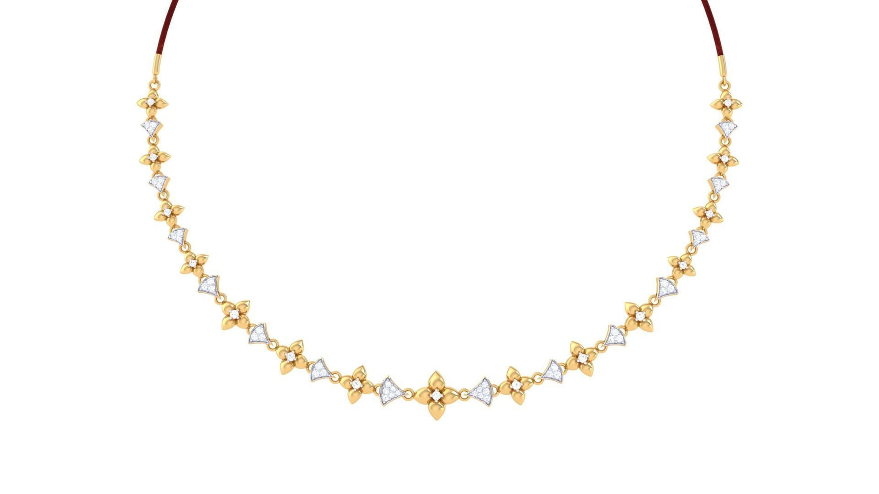 The Galilea Diamond Necklace by Niraa features an elegant symmetrical floral pattern with sparkling white stones, enhanced by delicate details and a shiny finish that radiate style.