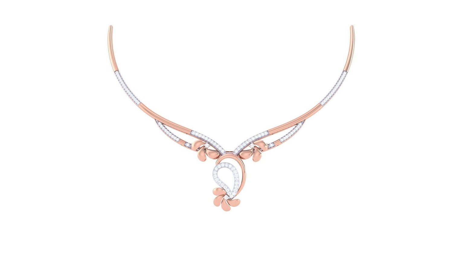 The Tiffany Diamond Necklace by Niraa is a gold and silver piece with a detailed curved design, intricate loops, and three small gold floral accents at the center, combining smooth gold and textured silver for an elegant, ornate look.
