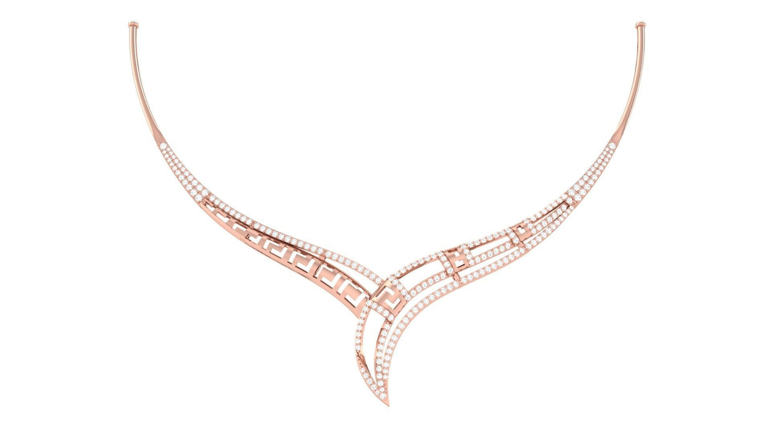The Kinslee Diamond Necklace by Niraa is a gold V-shaped piece featuring intricate geometric curves and lines, adorned with rows of small, sparkling gems for an elegant and luxurious appearance.