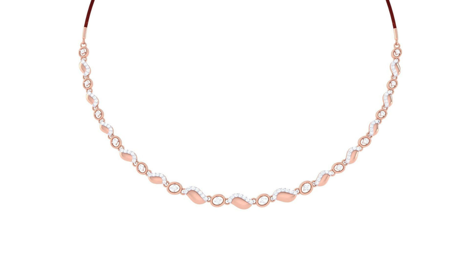 The Niraa Emerie Diamond Necklace elegantly features oval links with diamond-studded details against a white backdrop, its symmetrical design along a thin chain exuding refined sophistication.